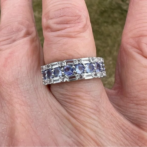 Exotic Tanzanite & White Zircon Gemstone Band Ring - Picture 3 of 7